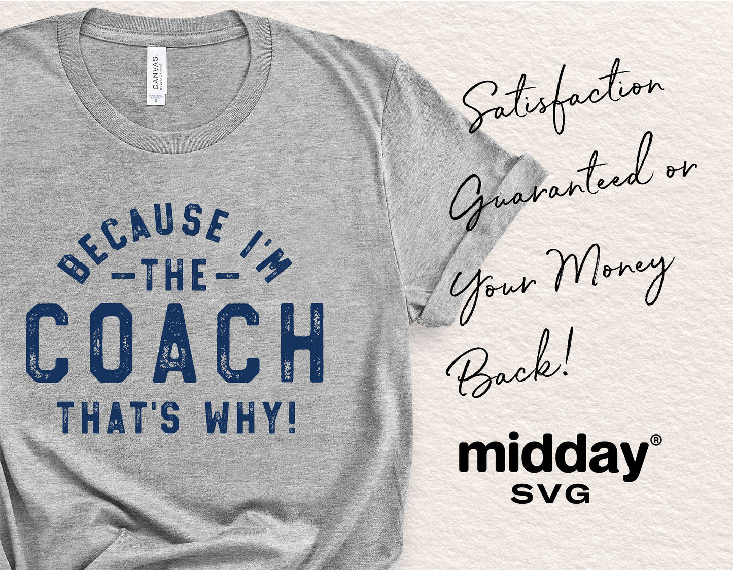 Gray t-shirt with 'Because I'm The Coach That's Why!' text, perfect gift for coaches, featuring Cricut and Silhouette design options.