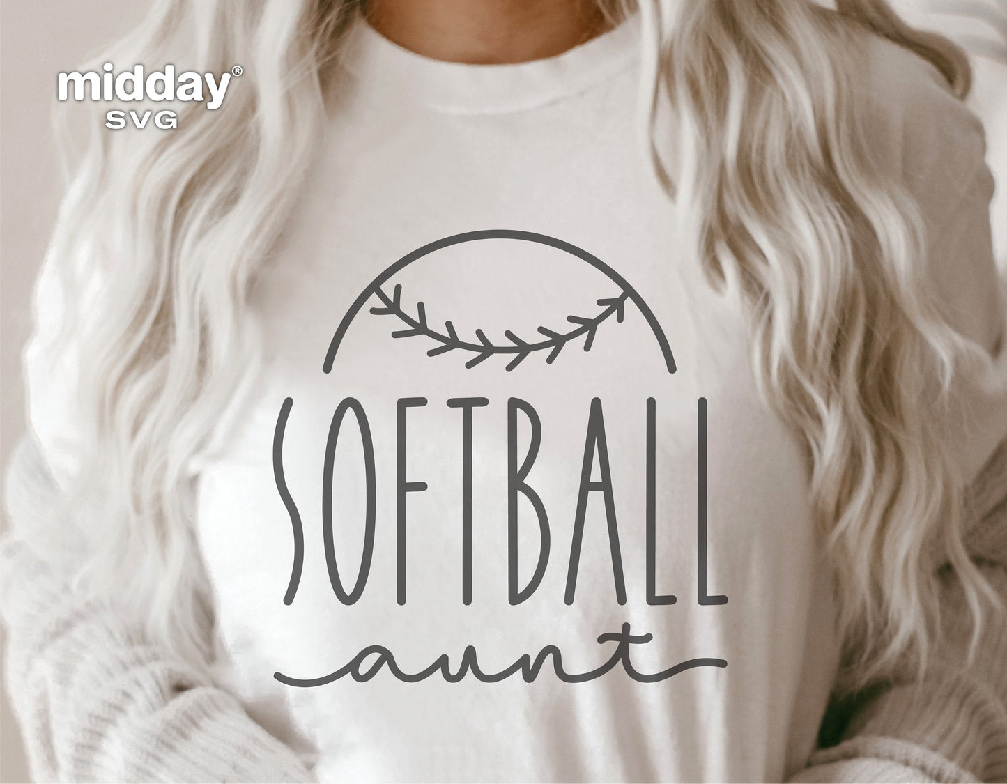 White shirt with 'Softball Aunt' design featuring a softball graphic for Cricut and Silhouette cutting machines.