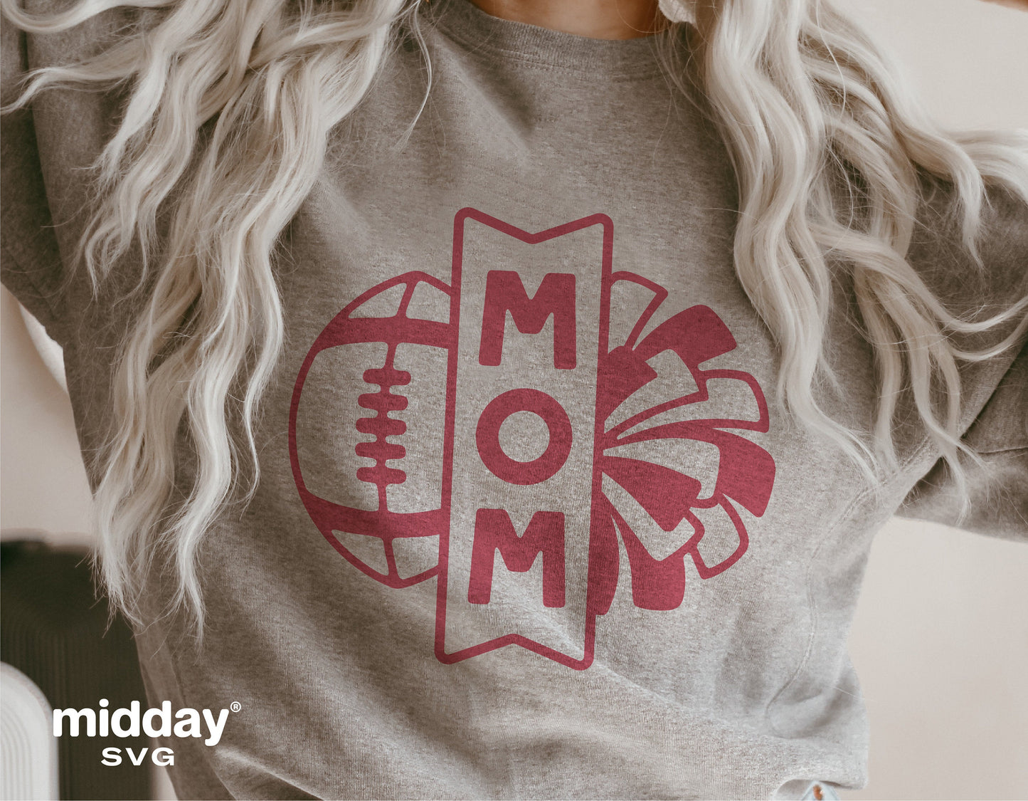 Gray shirt featuring football and cheer mom design with red lettering and graphics.