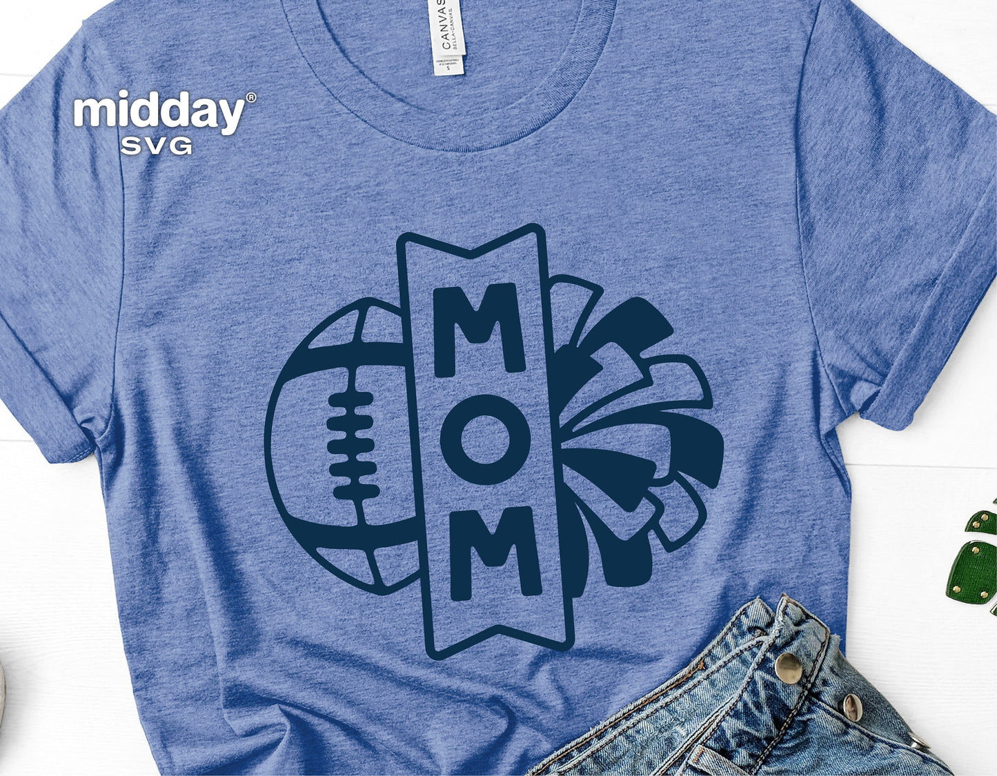 Blue t-shirt with Football and Cheer Mom design in navy, ideal for Cricut and Silhouette projects.