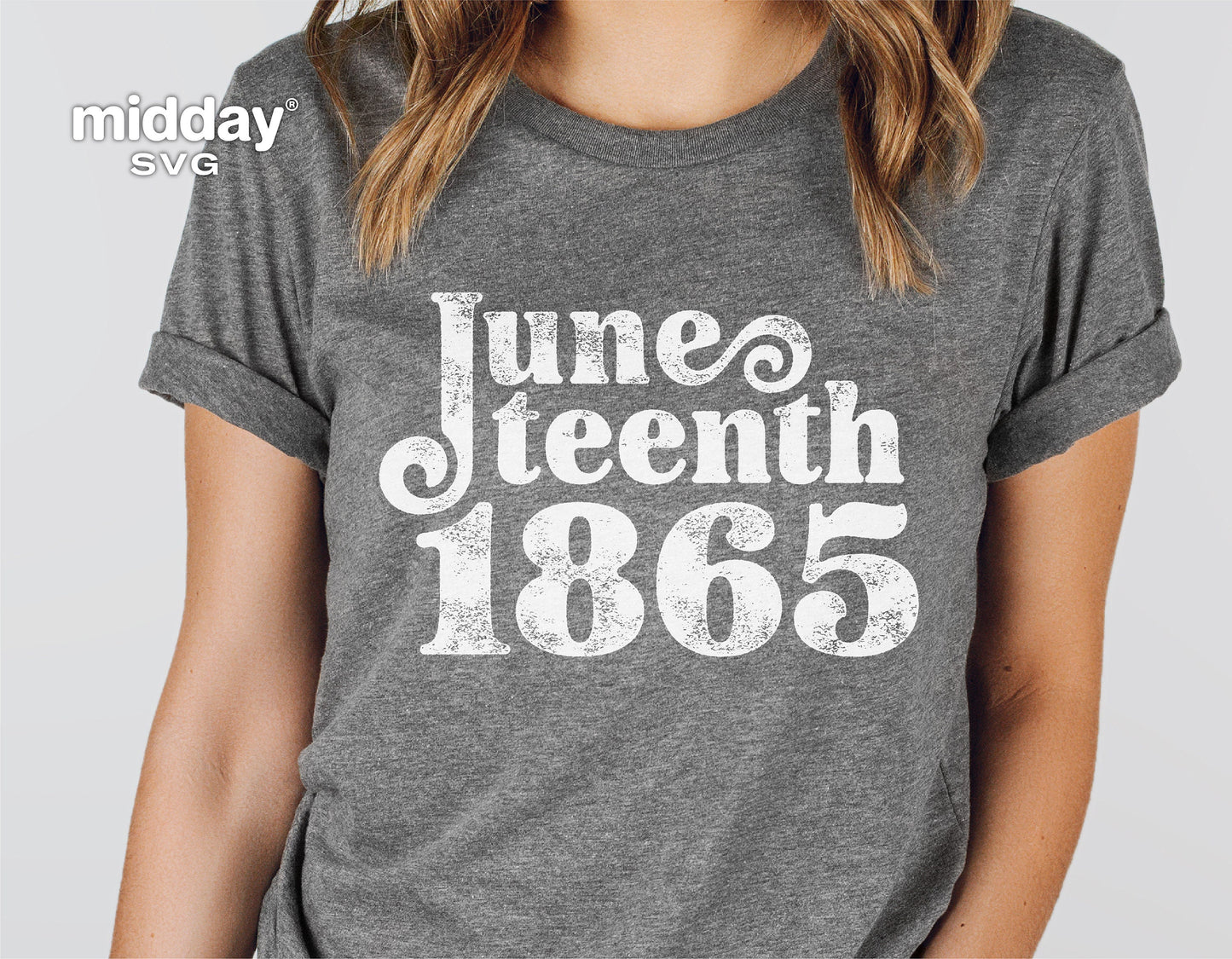 Gray t-shirt with white 'Juneteenth 1865' logo, perfect for Juneteenth celebrations and crafting projects.