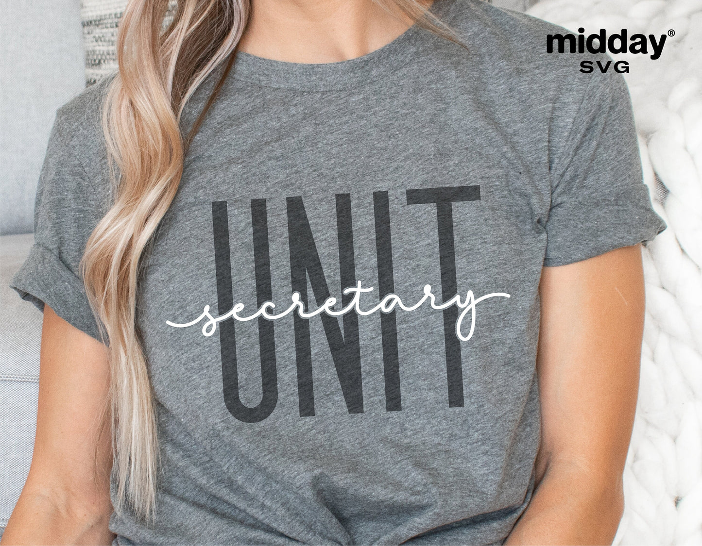 Gray t-shirt with 'Unit Secretary' text, ideal for unit secretary appreciation or hospital-themed projects, featuring script font.