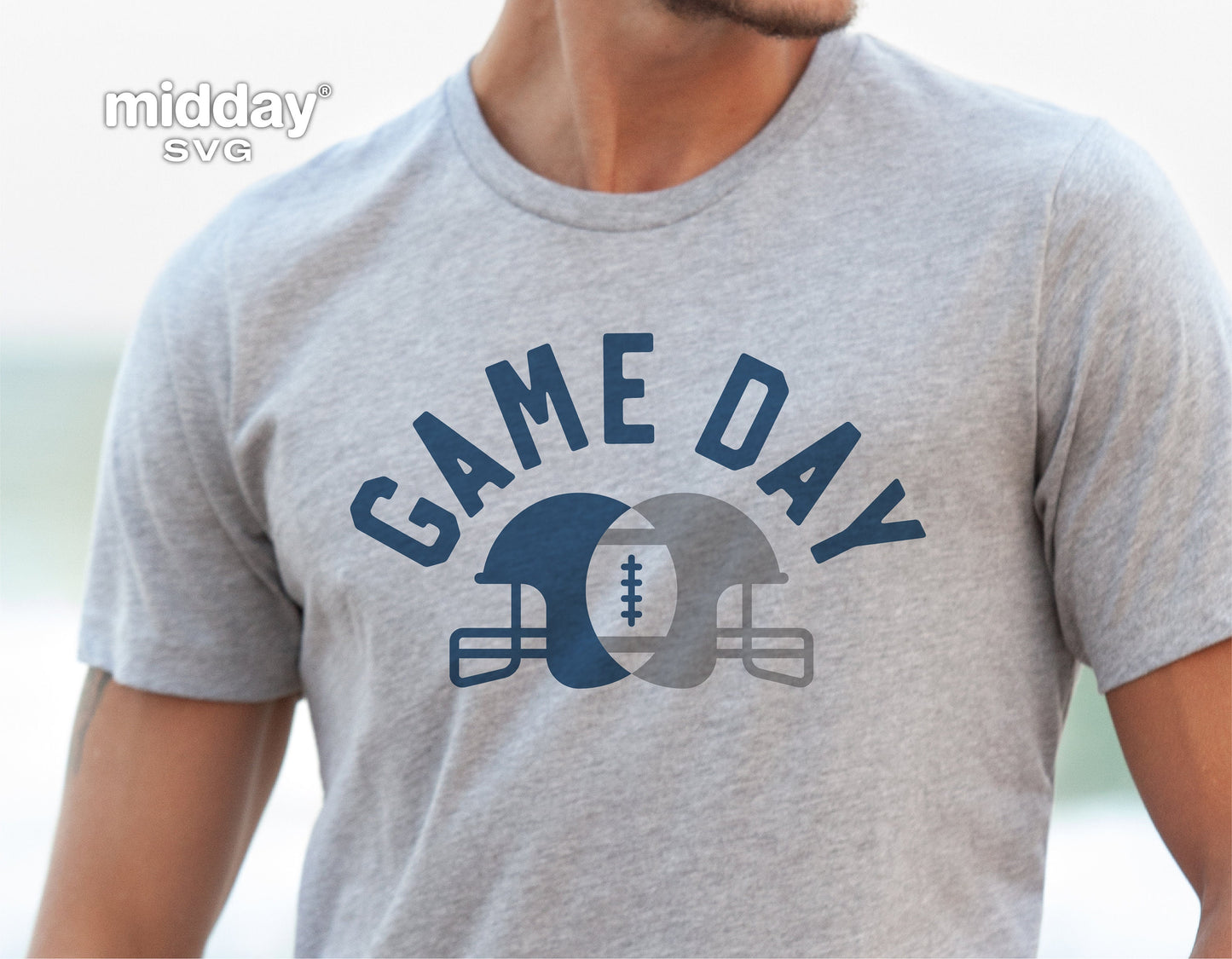 Person wearing a "Game Day" t-shirt with football and helmet design, perfect for sports enthusiasts and Cricut projects.
