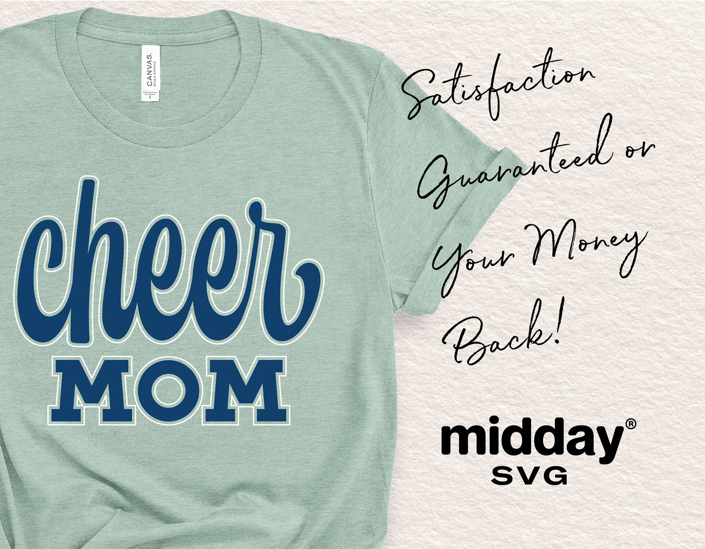 Cheer Mom t-shirt design featuring bold blue lettering, perfect for Cricut and Silhouette projects, with satisfaction guarantee promise.