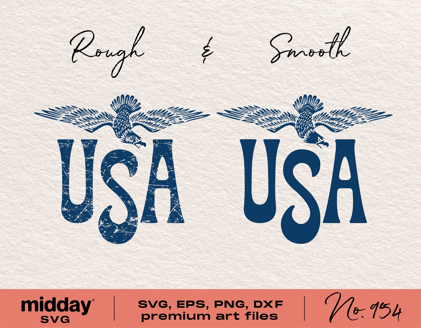 Eagle and USA text designs in rough and smooth styles for 4th of July SVG, DXF, PNG, and EPS files for Cricut and Silhouette.