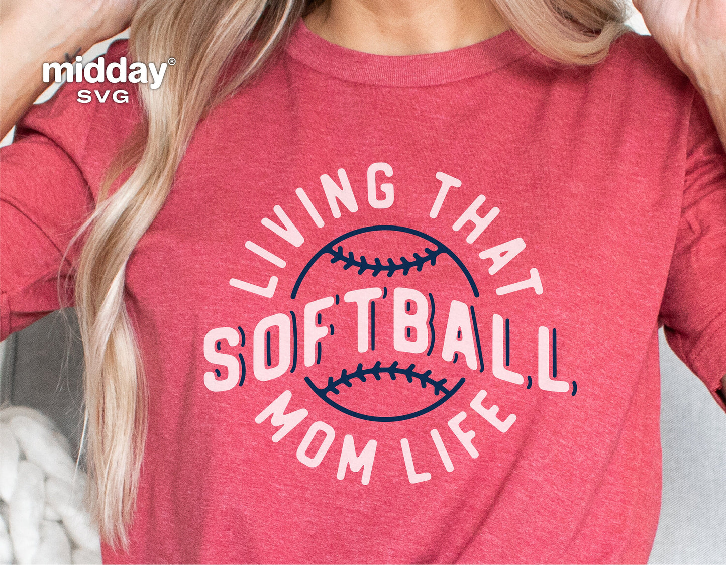 Red shirt with 'Living That Softball Mom Life' design for Cricut cut files and sublimation projects.
