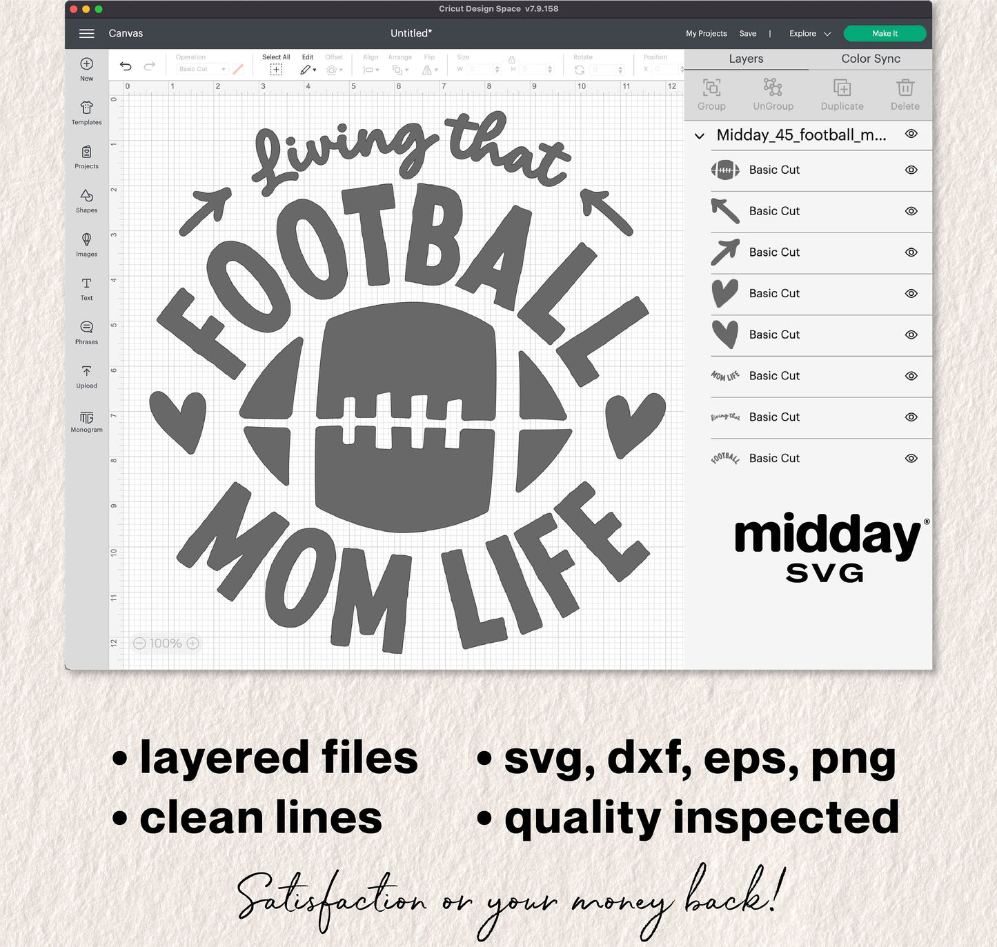 Living that Football Mom Life SVG, DXF, PNG, EPS design for Cricut, Silhouette featuring layered football graphic with clean lines.