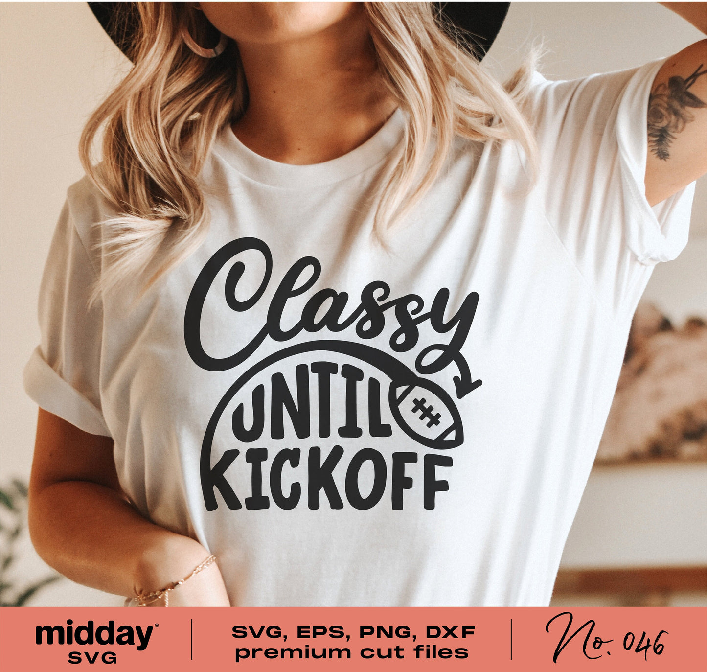Woman wearing a "Classy Until Kickoff" t-shirt, styled for game day, showcasing a funny football design.