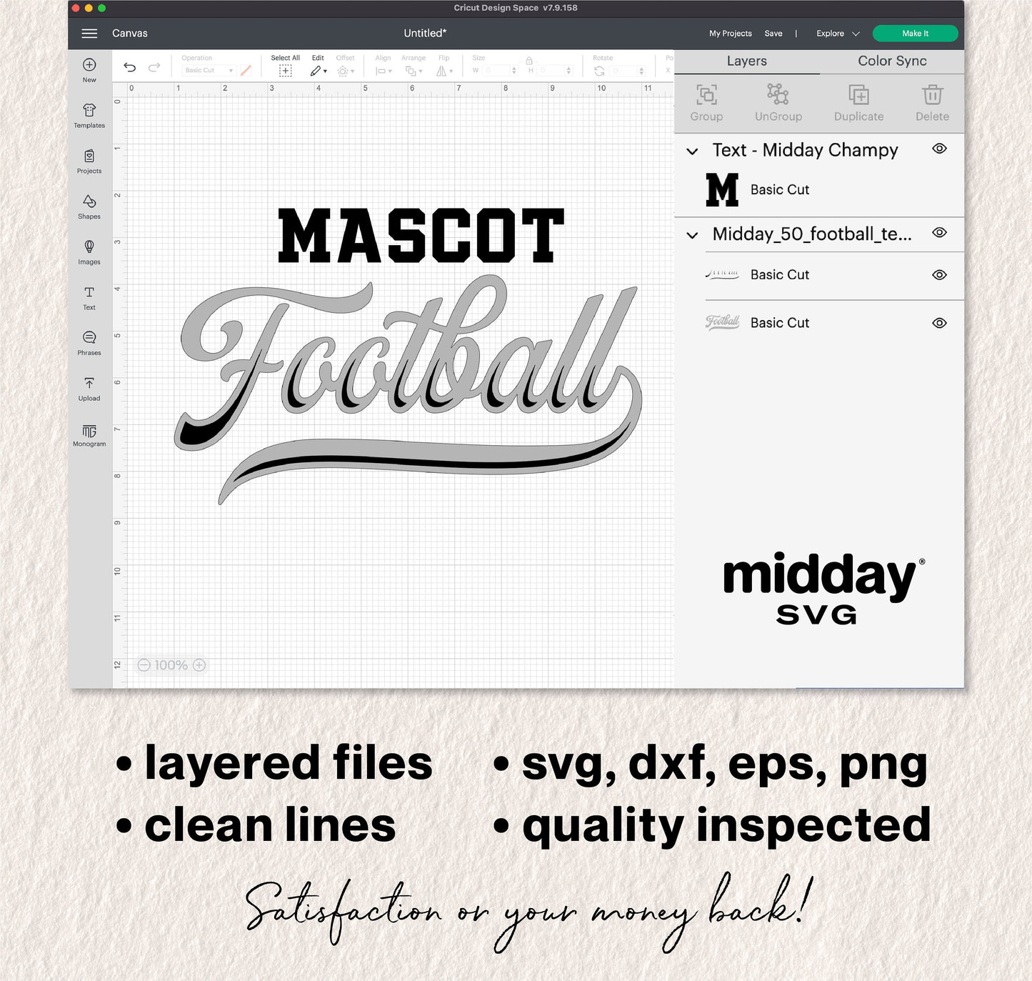 Football team template SVG displayed in design software, featuring 'Mascot Football' text, ideal for Cricut and Silhouette projects.
