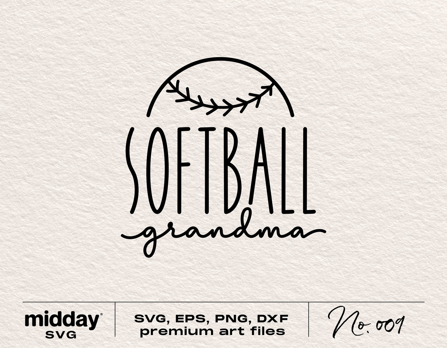 Softball Grandma SVG graphic with baseball stitching design, available in SVG, EPS, PNG, and DXF formats for Cricut and Silhouette.