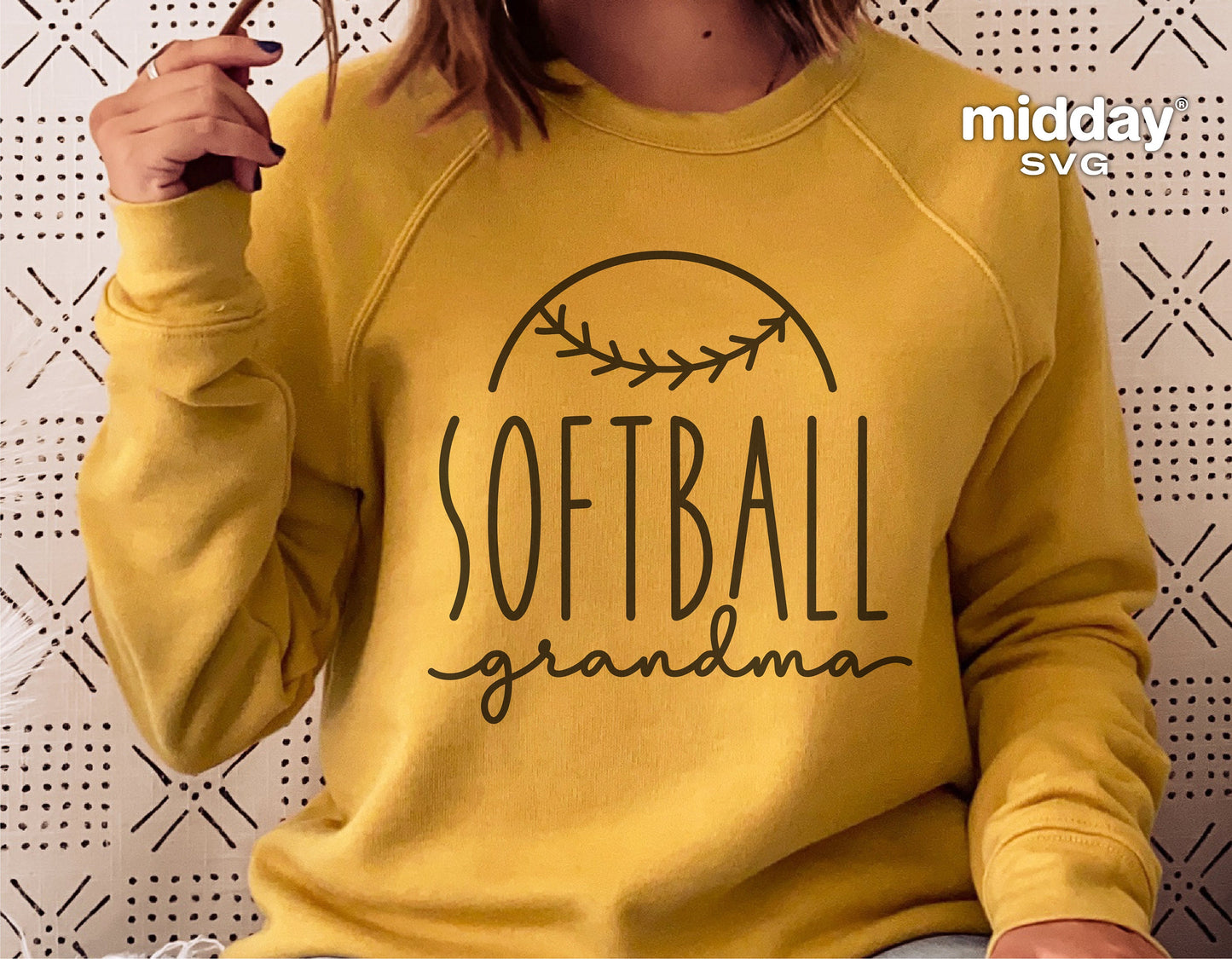 Yellow sweatshirt featuring 'Softball Grandma' design for Cricut and Silhouette crafts, ideal for shirts, tumblers, bags, sublimation.