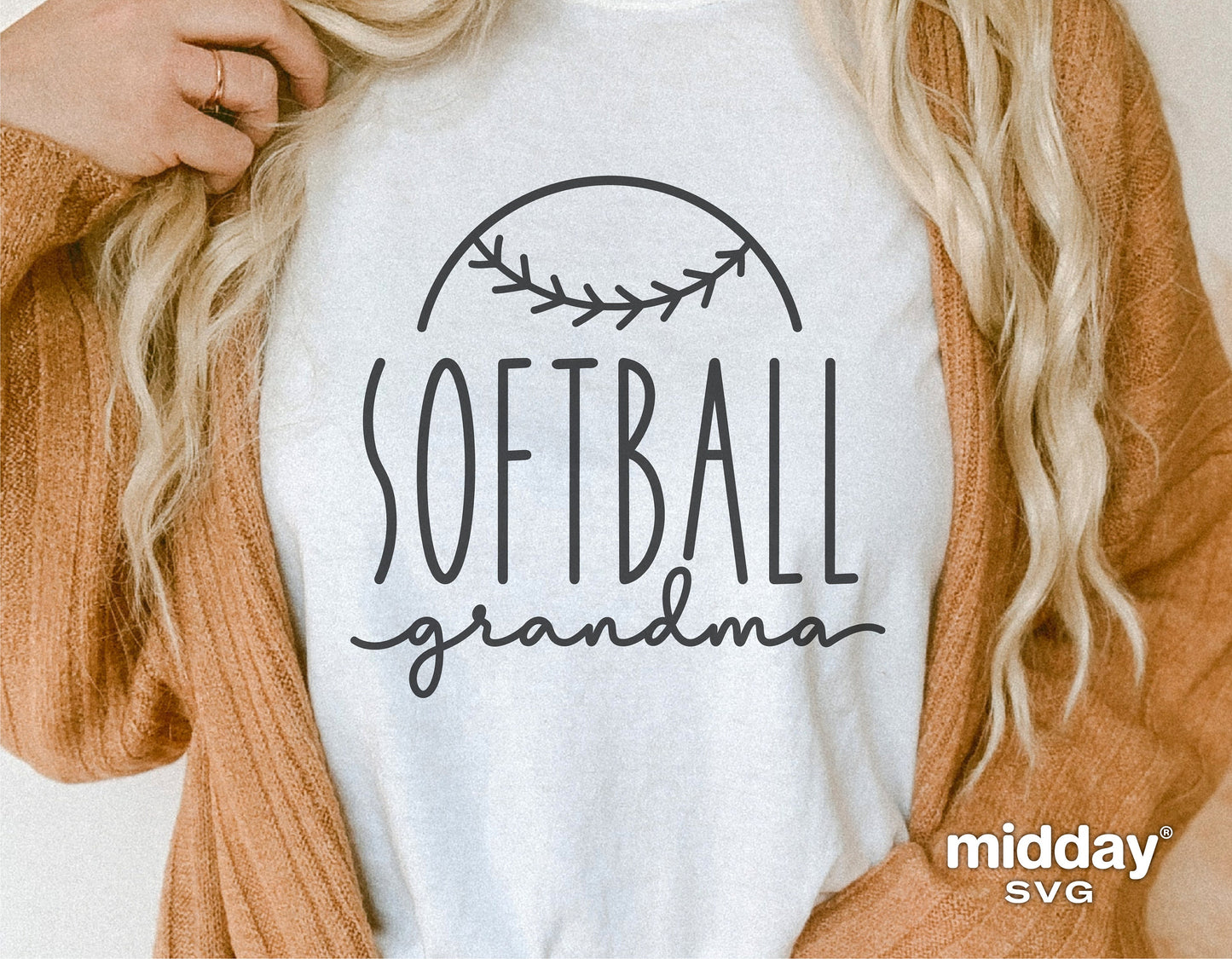 Woman wearing Softball Grandma shirt with softball graphic, perfect for Cricut and Silhouette projects, digital download available.
