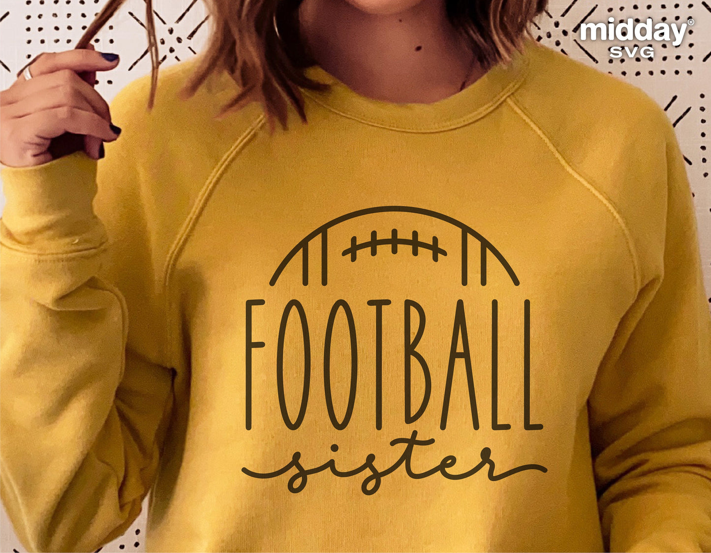 Yellow sweatshirt with 'Football Sister' design, suitable for Cricut and Silhouette projects, ideal for tumbler, visor, and sublimation.