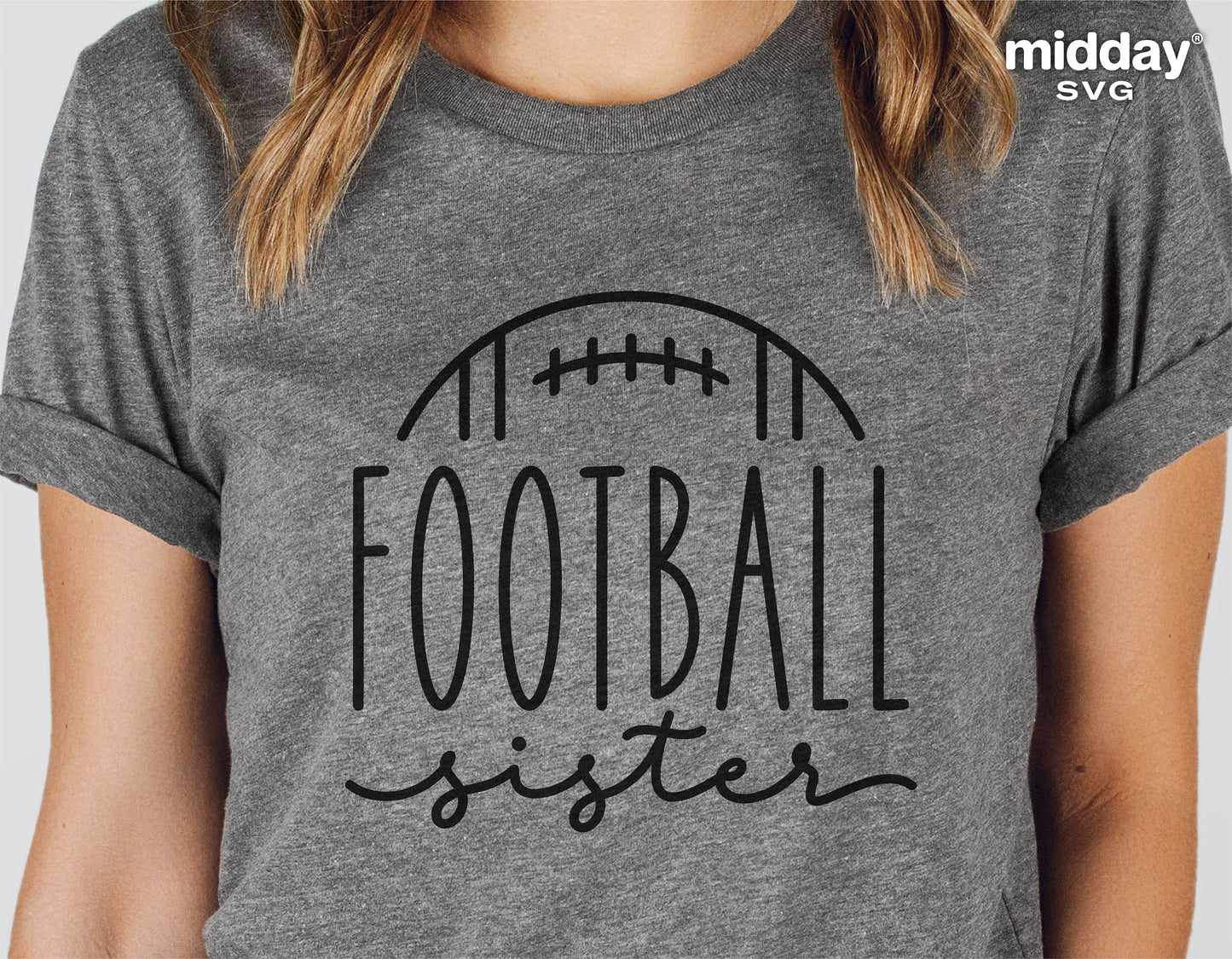 Gray t-shirt featuring 'Football Sister' text with a football design, suitable for Cricut and Silhouette projects.