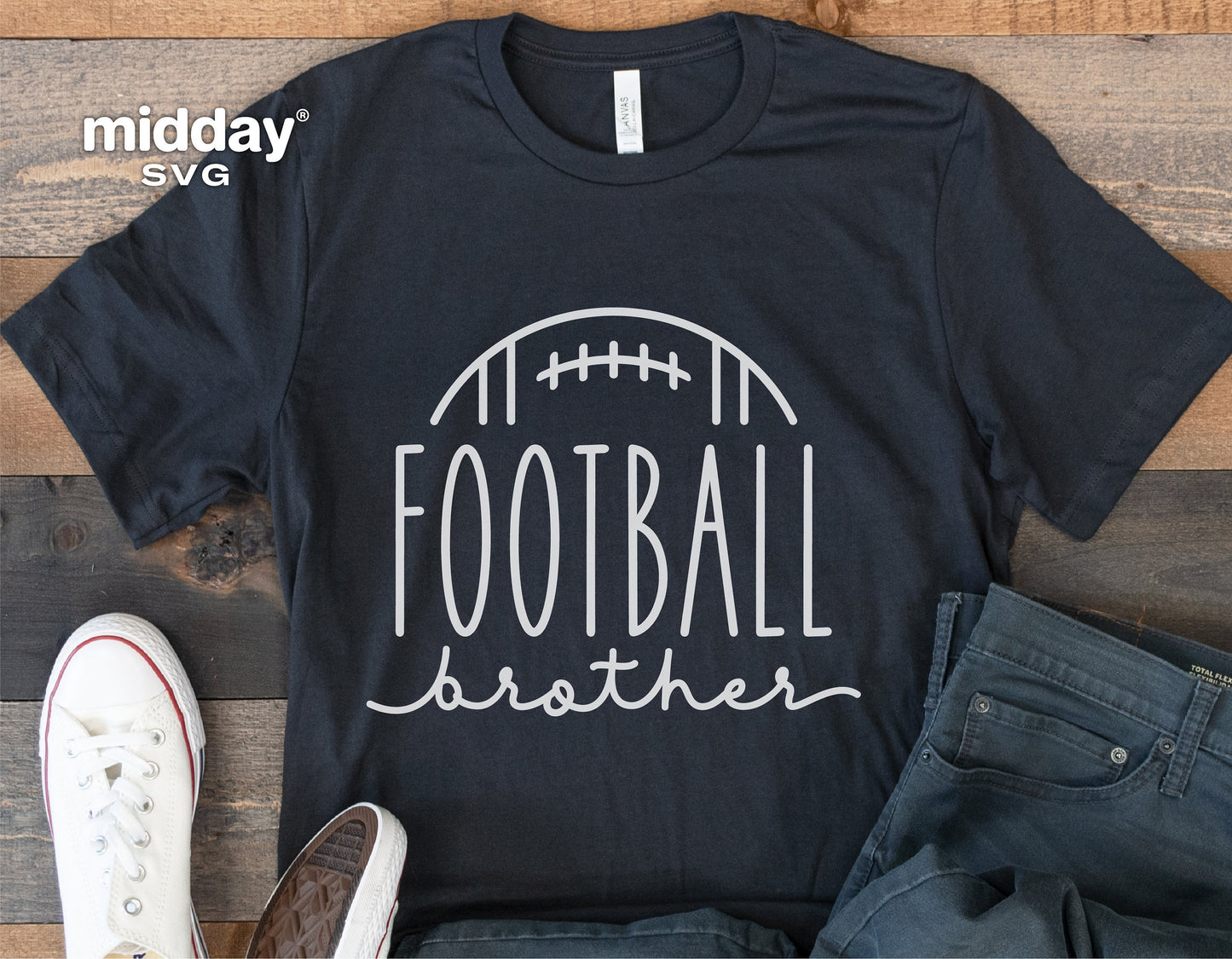 Black 'Football Brother' t-shirt with sneaker and jeans, perfect for Cricut and Silhouette crafting.