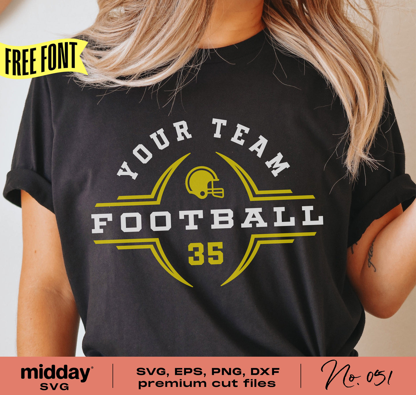 Person wearing a black shirt with 'Your Team Football' design featuring yellow helmet, perfect for Cricut and Silhouette projects.