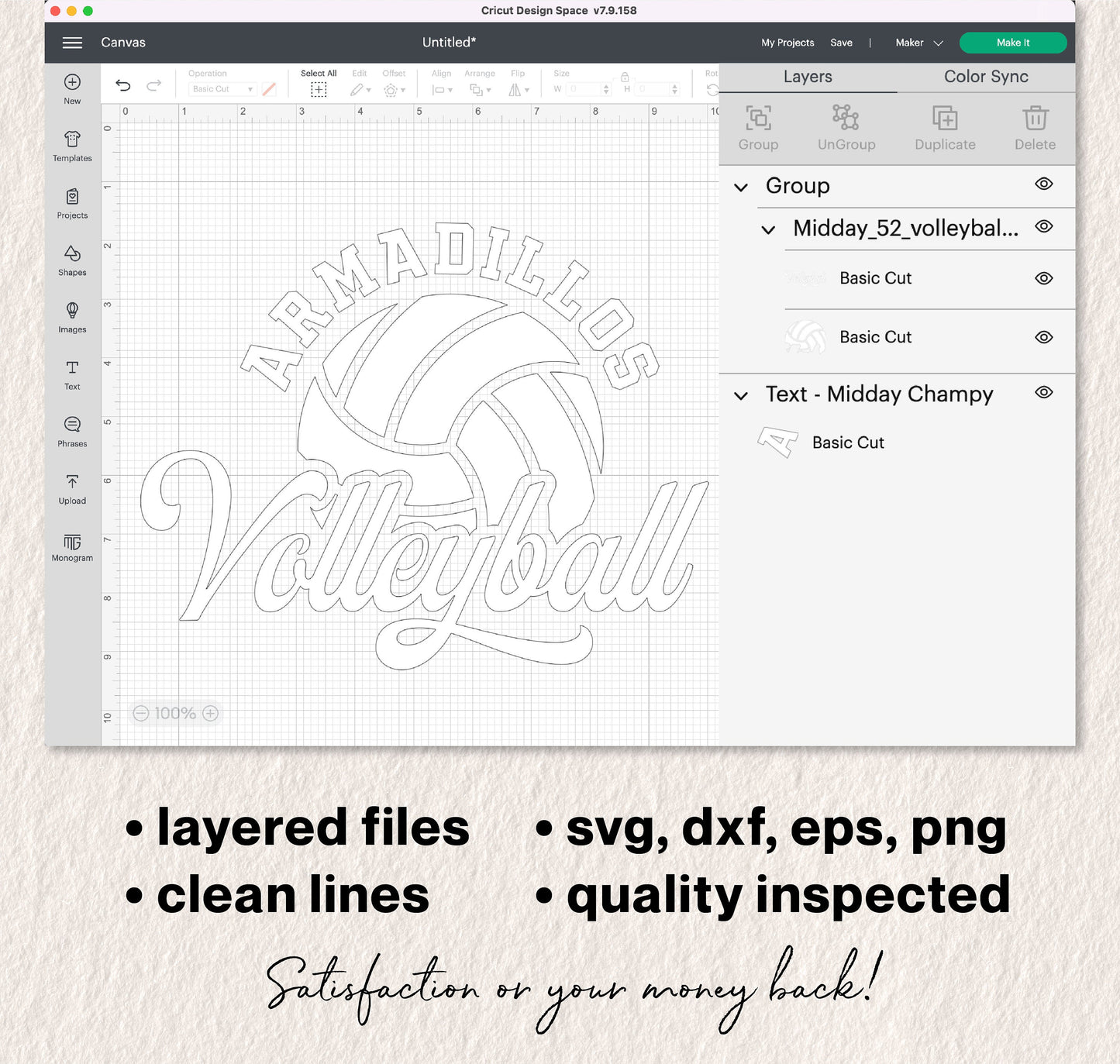 Volleyball team template design for Cricut shown with layered files in SVG, DXF, EPS, PNG formats, featuring 'Armadillos Volleyball' text.