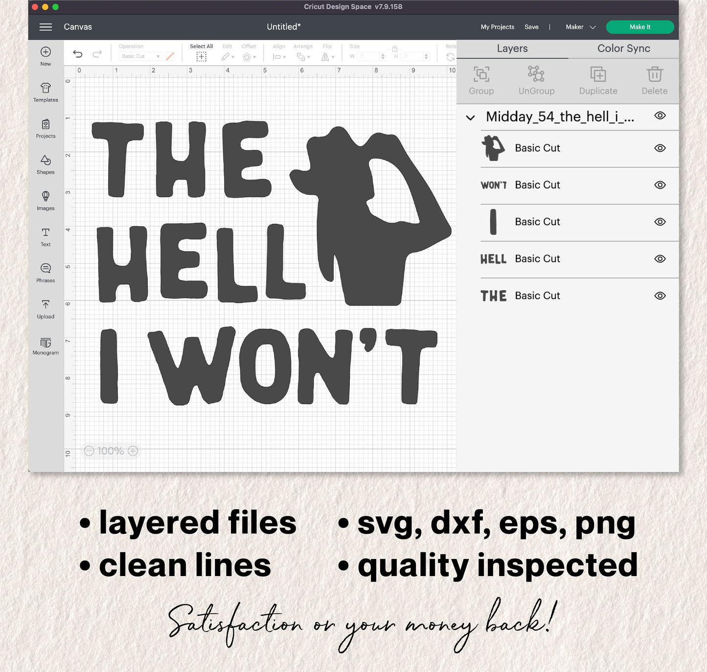"The Hell I Won't" funny Cricut design, available in svg, dxf, eps, png formats for witty and sassy crafting projects.