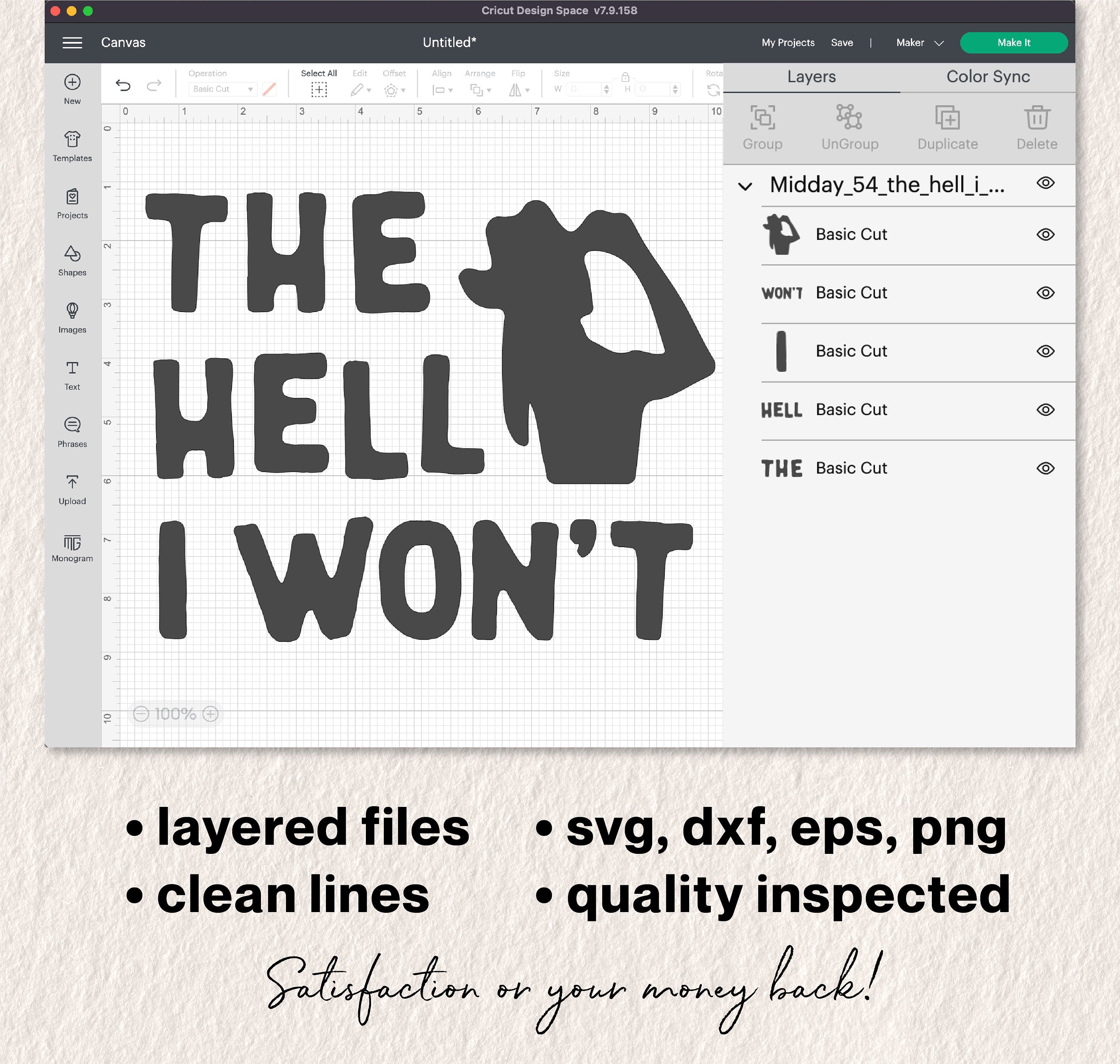 "The Hell I Won't" funny Cricut design, available in svg, dxf, eps, png formats for witty and sassy crafting projects.