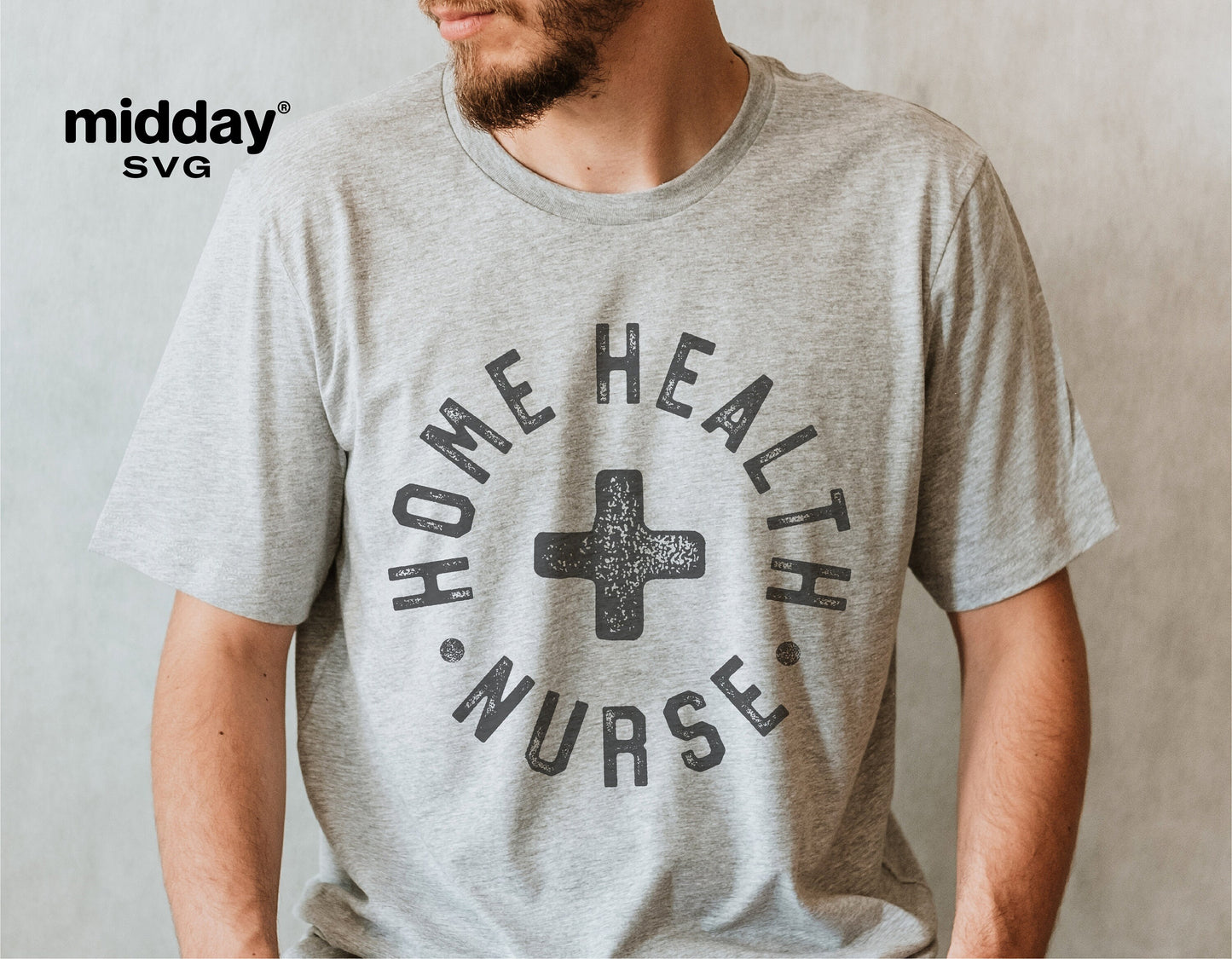 Gray t-shirt with 'Home Health Nurse' text featuring a medical cross, ideal for nurse-themed Cricut or sublimation projects.