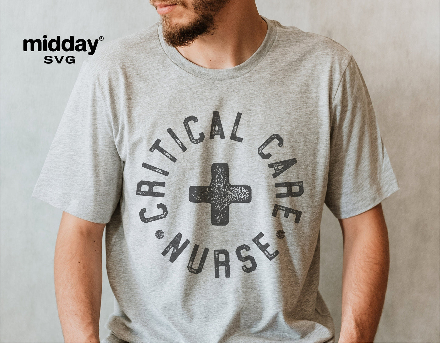 Person wearing a grey t-shirt with 'Critical Care Nurse' text and cross design, ideal for badge reels or Cricut projects.