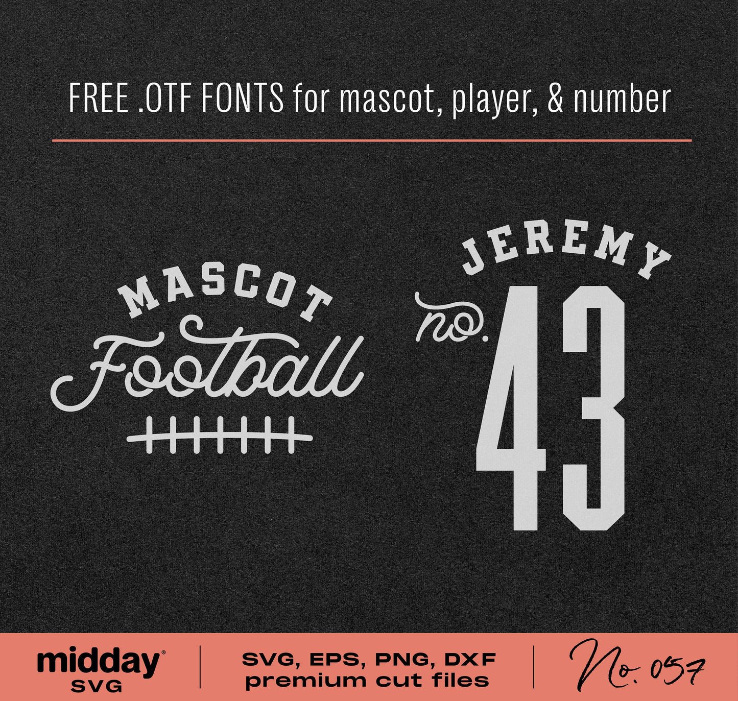 Football team shirt template featuring mascot, player name Jeremy, and number 43, with free OTF fonts for custom designs.