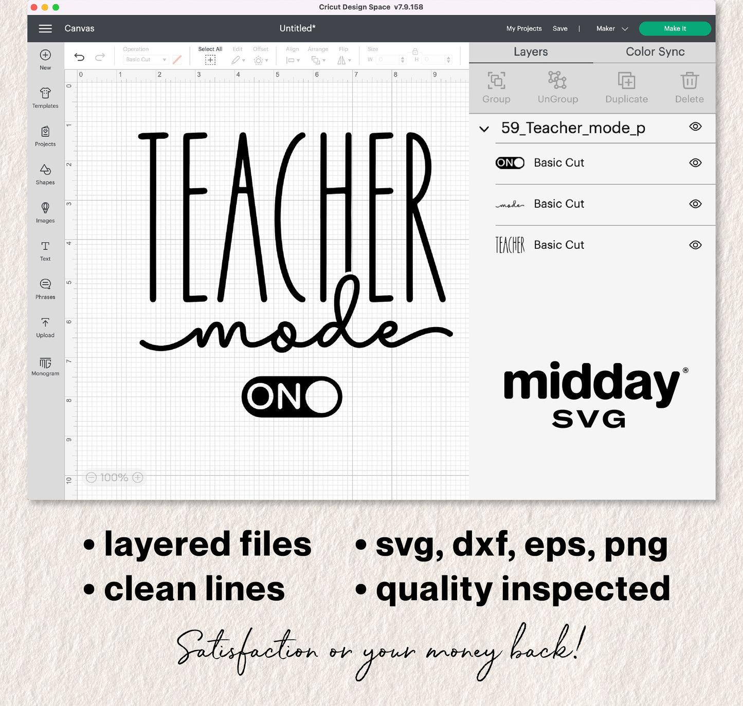 "Teacher Mode On" SVG design displayed in Cricut Design Space, available in layered SVG, DXF, EPS, PNG formats with quality inspection.