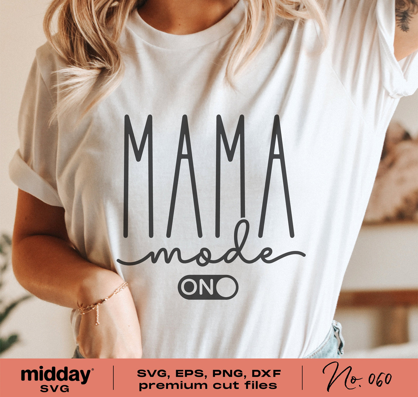 Woman wearing a white shirt with 'Mama Mode On' text, ideal for Mom Life SVG designs, compatible with Cricut and Silhouette.