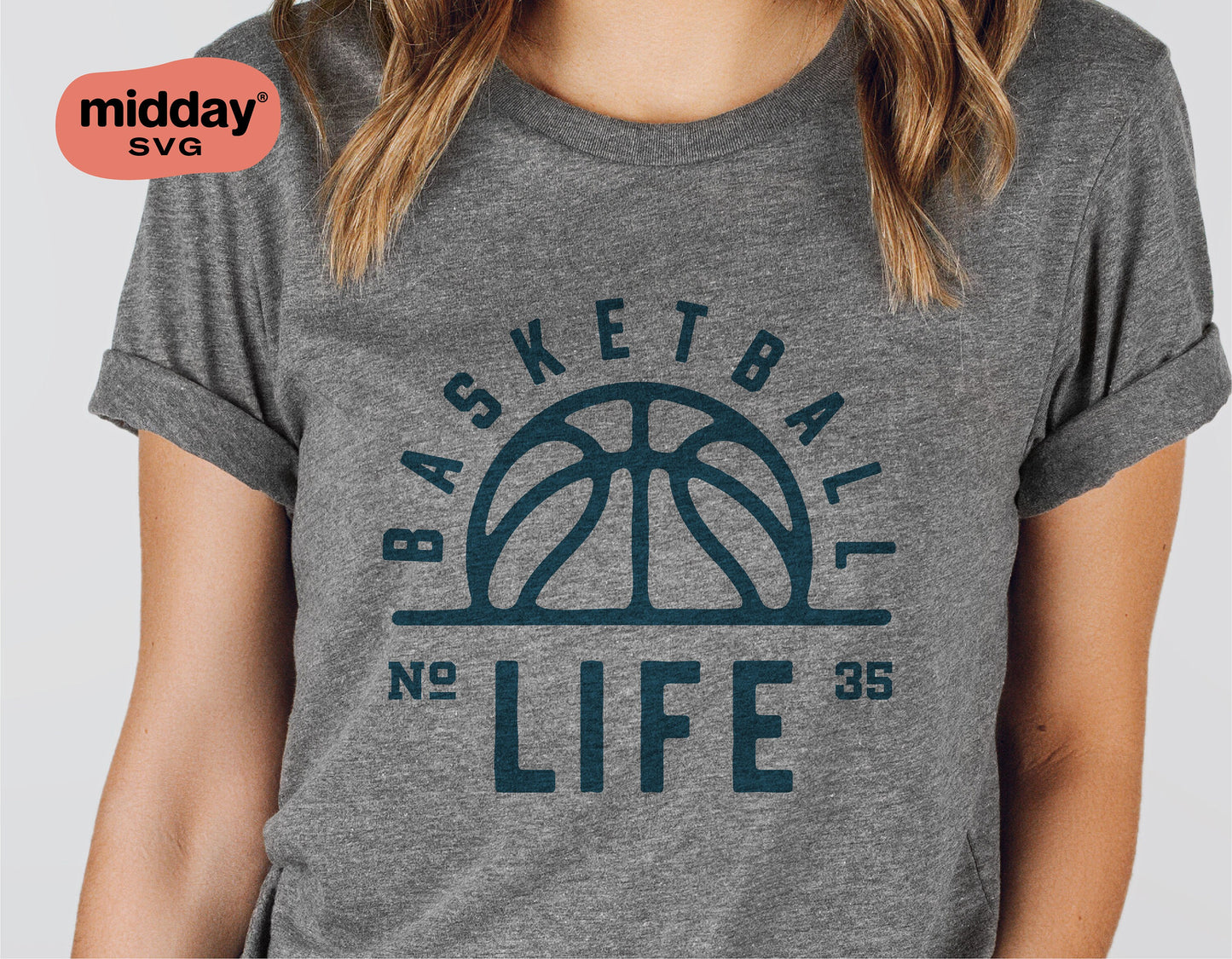 Gray t-shirt with a basketball design resembling the sun and 'Basketball Life' text, perfect for fans and Cricut cut projects.