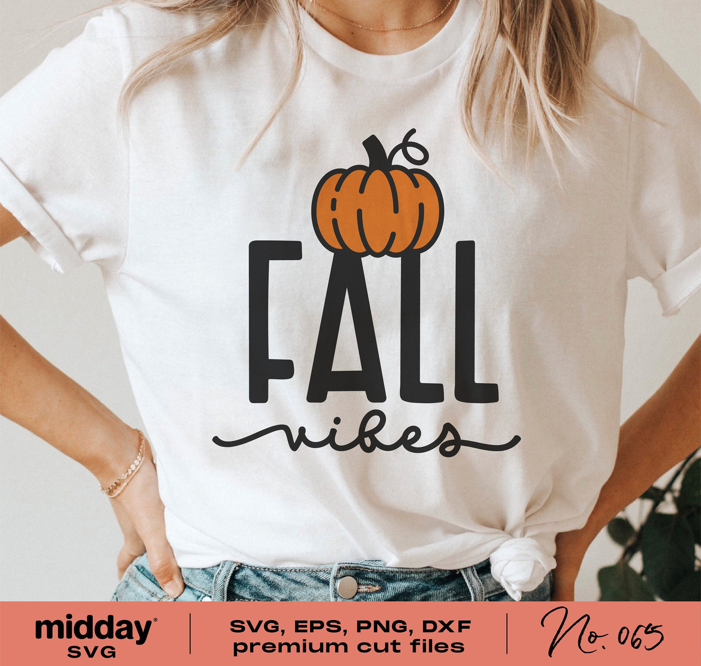 Woman wearing fall vibes shirt with pumpkin design, showcasing SVG cut file for Cricut and Silhouette, perfect for autumn crafts.