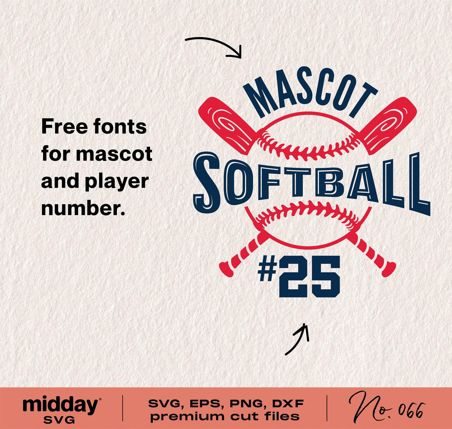 Softball team template SVG with mascot, player number, free fonts for Cricut and Silhouette, includes SVG, EPS, PNG, DXF formats