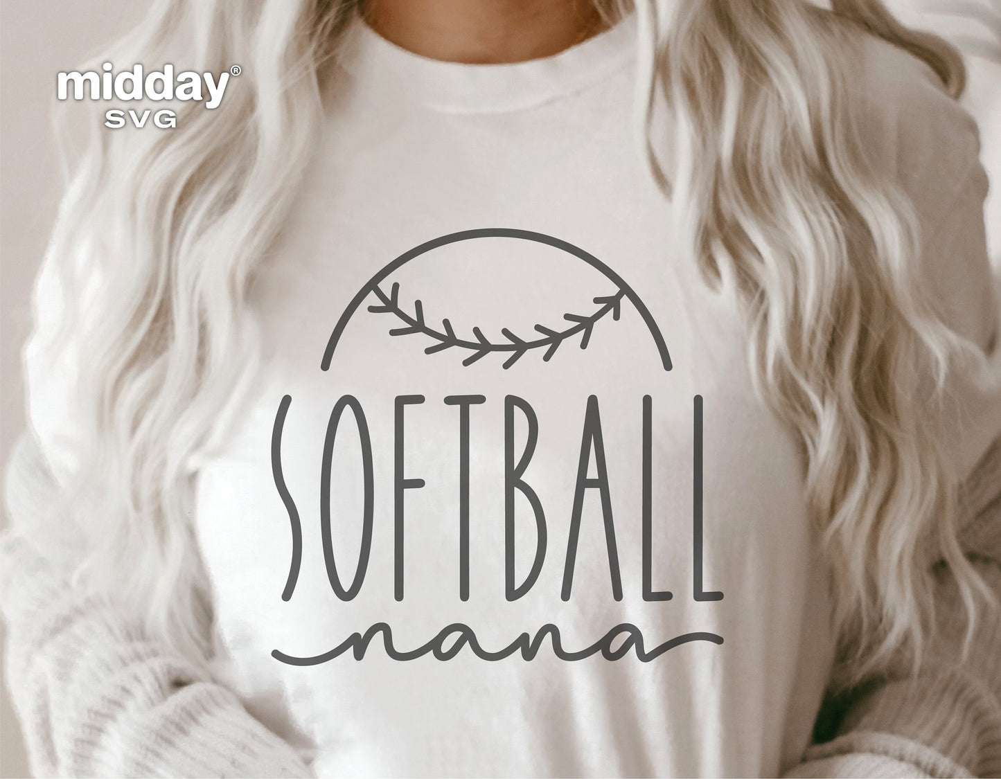 White shirt with 'Softball Nana' design, perfect for Cricut and Silhouette, shown worn by a person, featuring a baseball graphic.