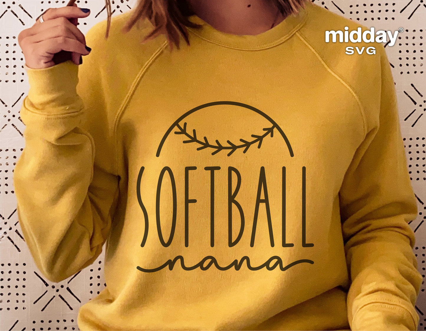 Woman wearing yellow Softball Nana sweatshirt, Cricut and Silhouette compatible design for crafts, tumblers, and shirts.