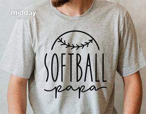 Gray t-shirt featuring 'Softball Papa' design with baseball stitching, ideal for Cricut or Silhouette projects.