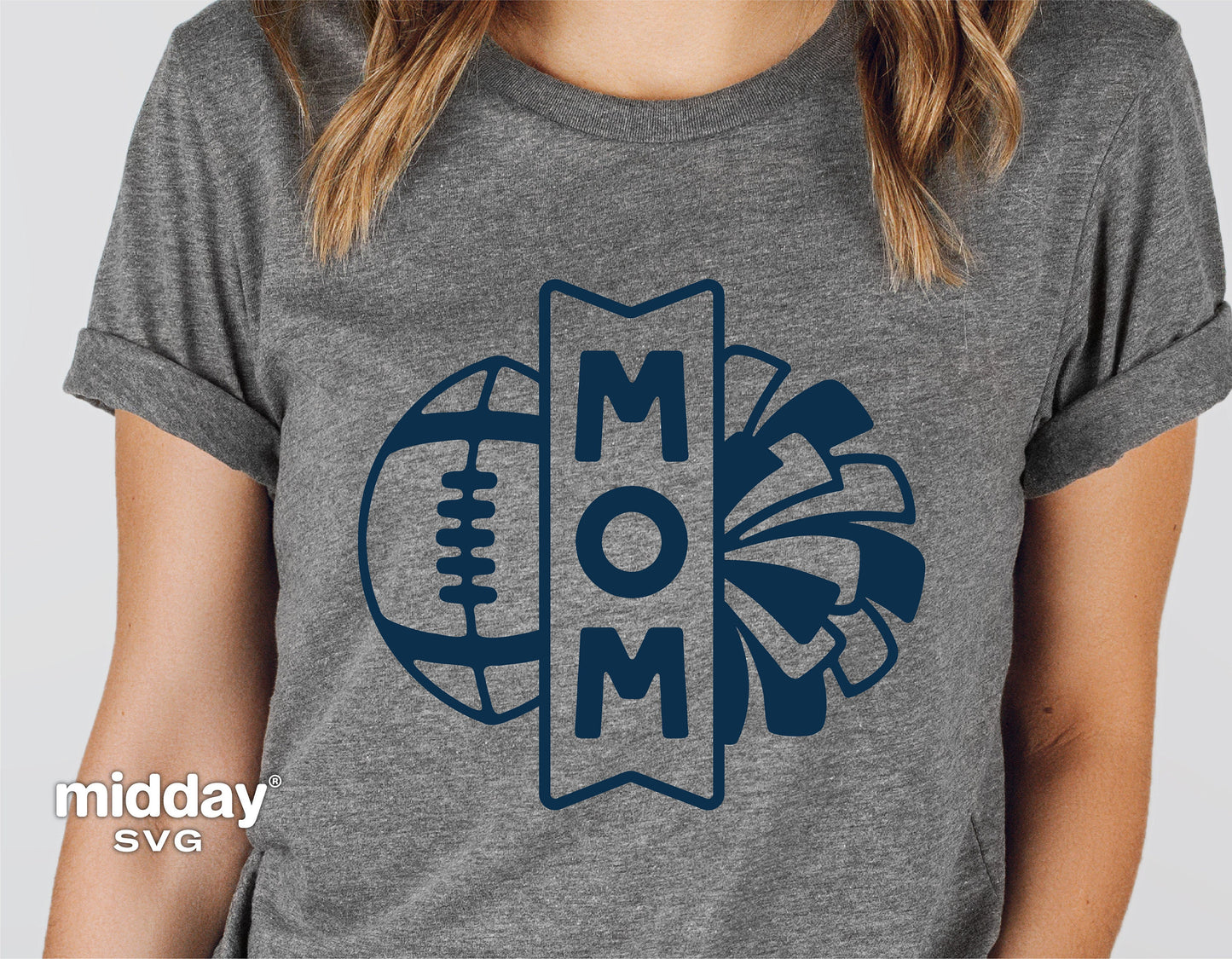 Gray t-shirt featuring a "MOM" design with football and cheer elements, ideal for Football Mom and Cheer Mom Svg projects.