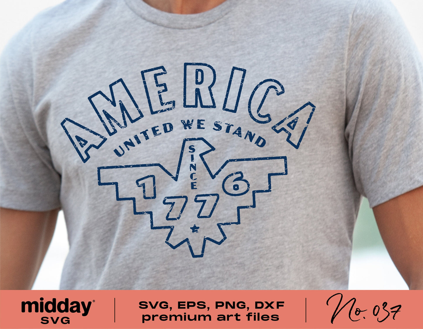 Gray t-shirt with 'America United We Stand 1776' design, suitable for 4th of July, Memorial Day, and patriotic occasions, available in SVG format