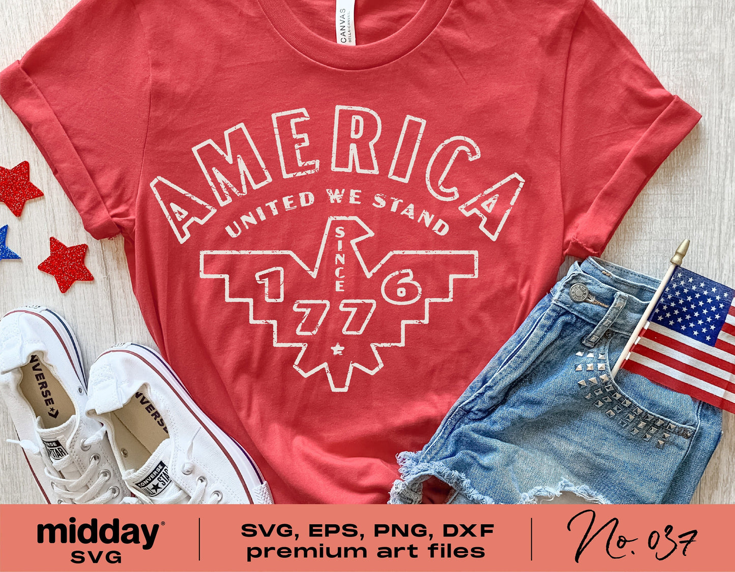 Red 'America United We Stand 1776' t-shirt with denim shorts, sneakers, and USA flag decor for 4th of July celebration.
