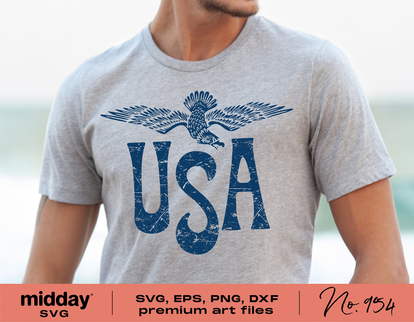 Eagle USA design on gray t-shirt for 4th of July, featuring SVG, PNG, EPS, DXF Cricut and Silhouette cut files.