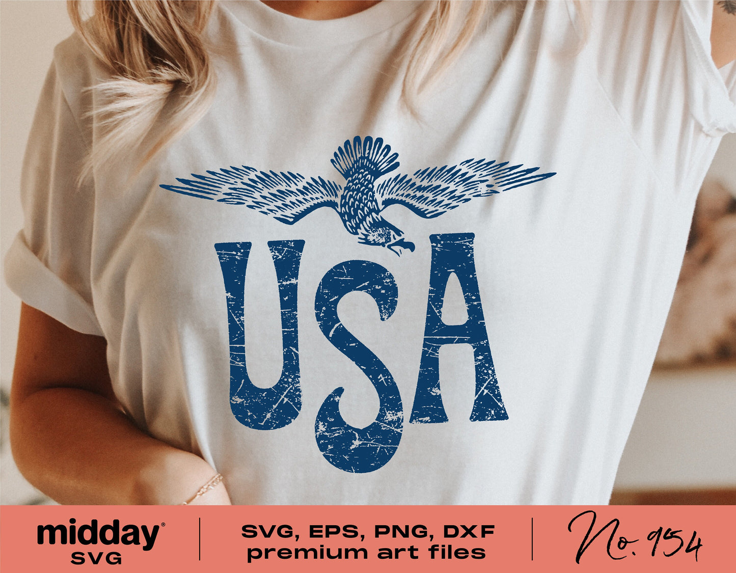 Woman wearing t-shirt with eagle and USA design for 4th of July, Independence Day SVG, PNG, EPS, DXF Cricut cut files.