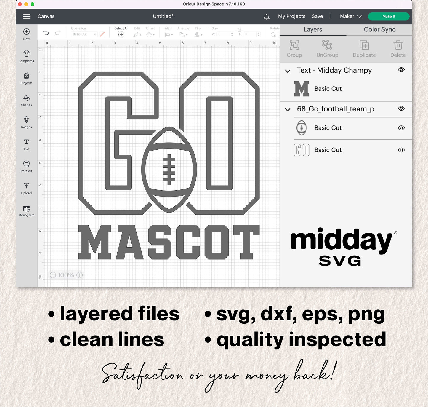 Go Football Team SVG mockup in Cricut Design Space with layered files, clean lines, available in svg, dxf, eps, png formats. Satisfaction guarantee.