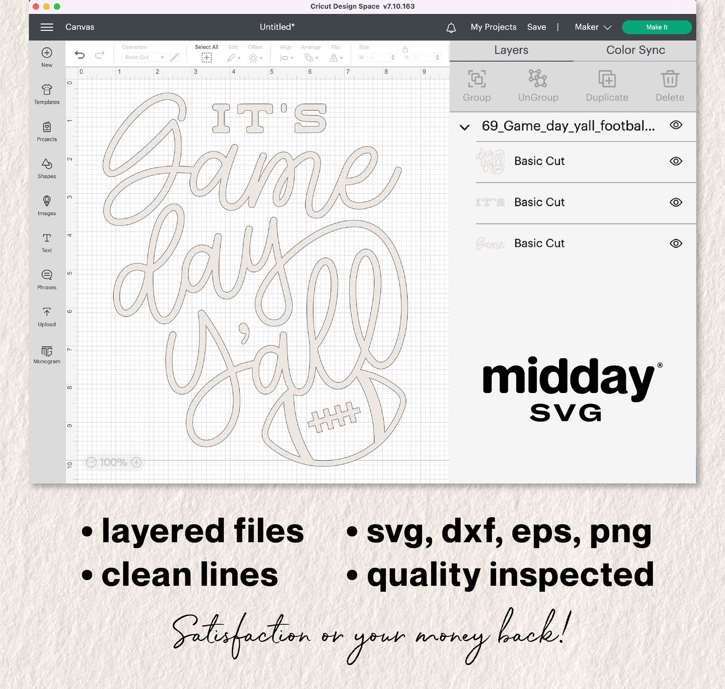 "It's Game Day Y'all" SVG design for Cricut and Silhouette cutting, featuring clean lines and layered files in SVG, PNG, DXF, EPS formats.