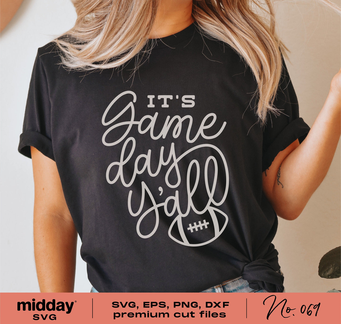 "It's Game Day Y'all" black t-shirt design featuring football graphic for Cricut and Silhouette crafting projects.