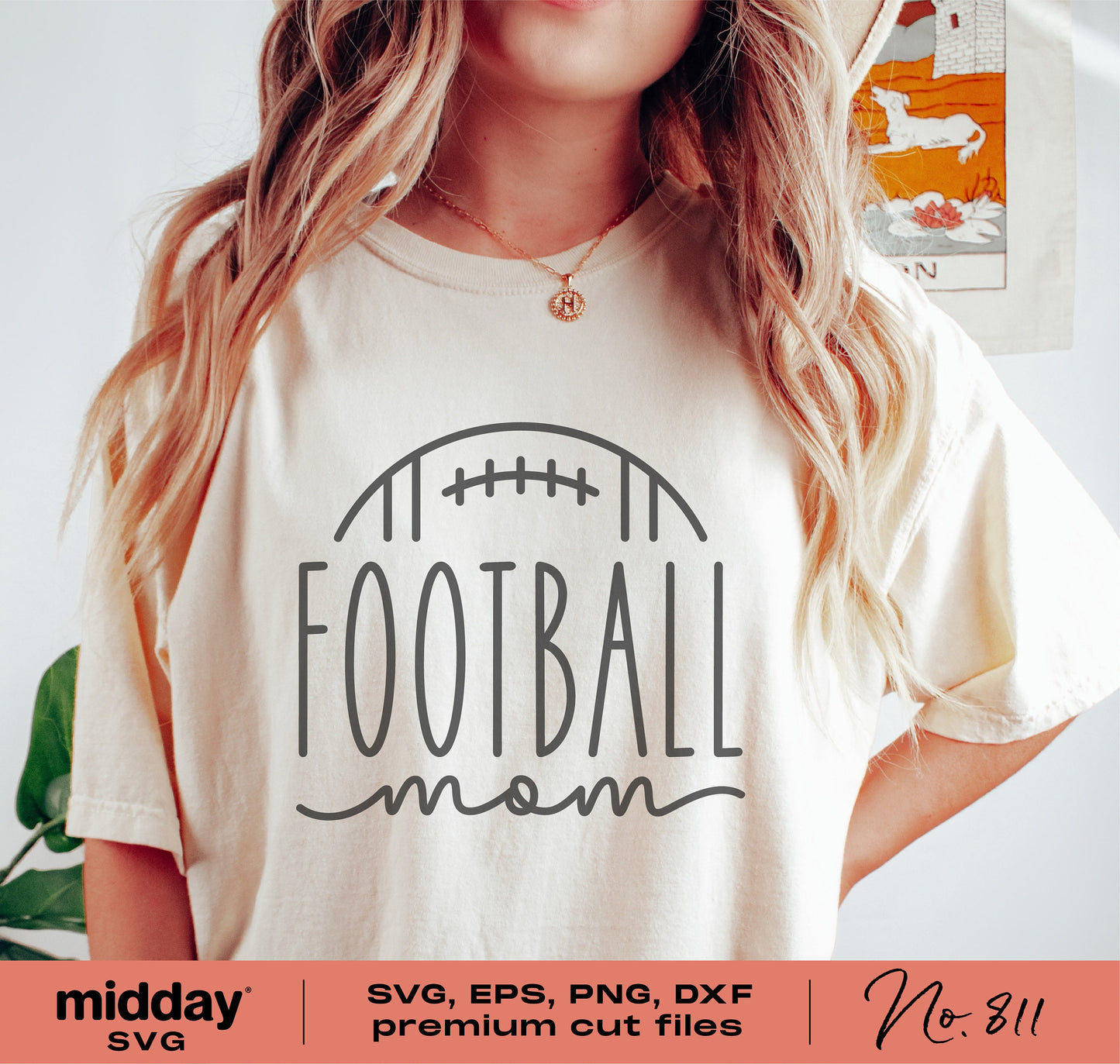 Woman wearing Football Mom shirt design, ideal for Cricut Silhouette projects, available in SVG, PNG, DXF formats.