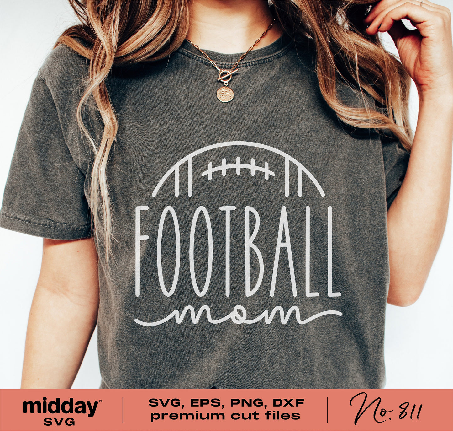 Football Mom design on shirt, available in SVG, PNG, DXF, EPS formats for Cricut and Silhouette projects. Perfect for apparel and gifts.