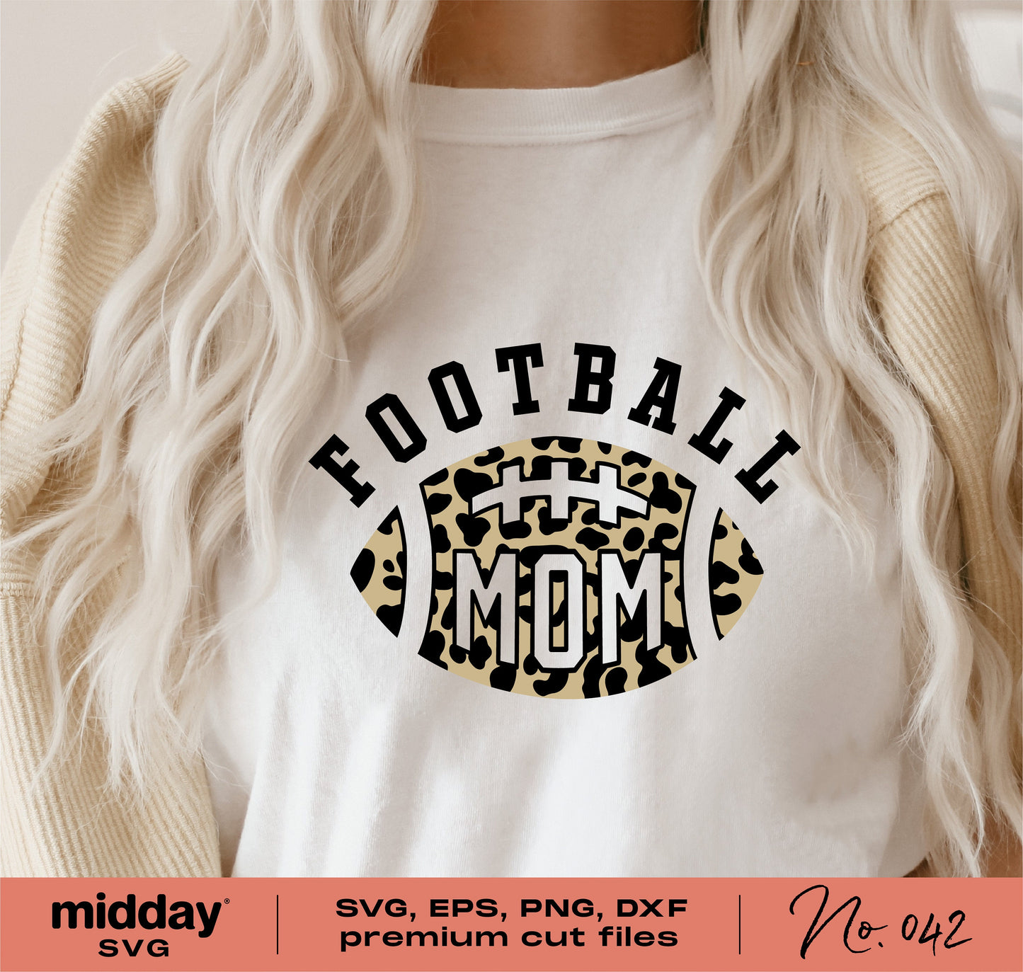 White shirt with 'Football Mom' text in leopard print football design, ideal for Cricut and Silhouette cutting machines.