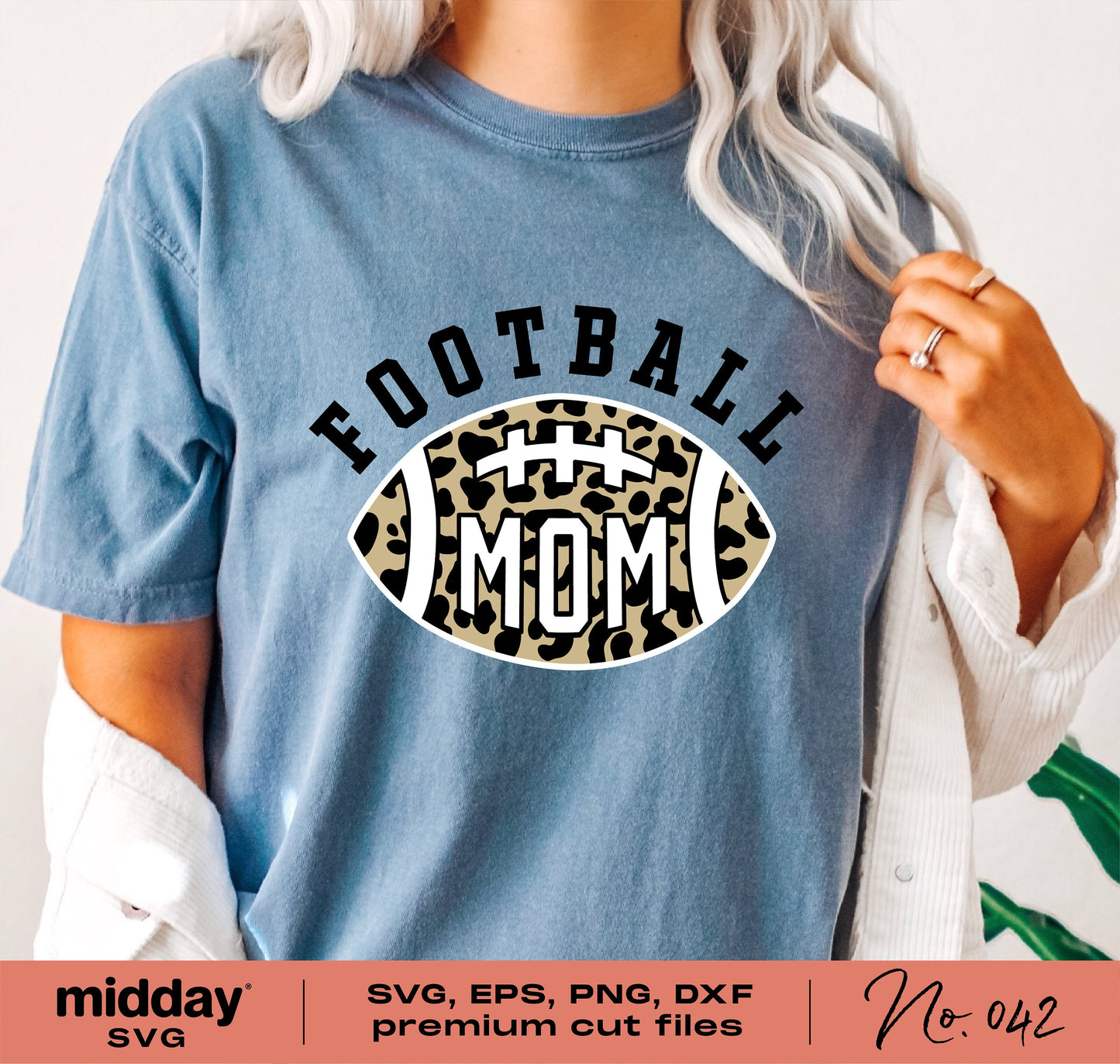 Woman wearing a blue shirt with leopard print 'Football Mom' design, available in SVG, DXF, EPS, PNG formats for Cricut and Silhouette.