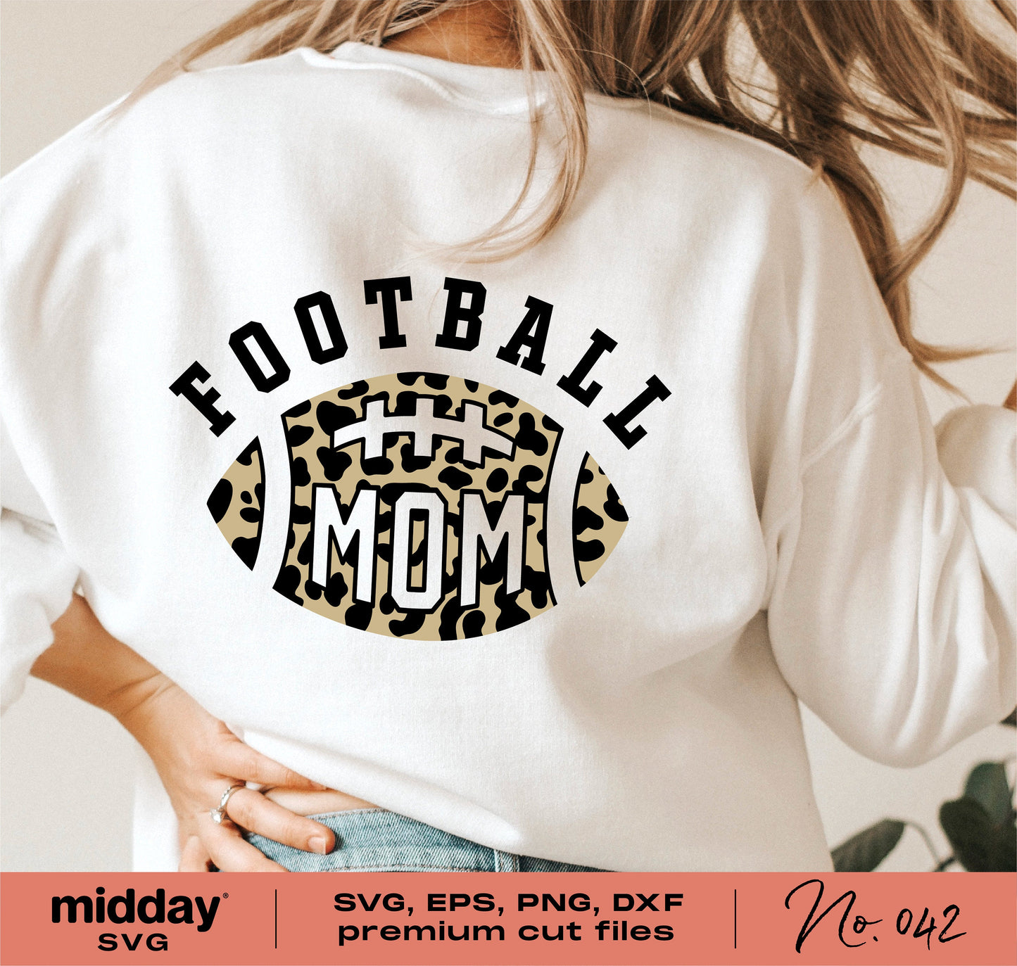Leopard print football mom graphic on white shirt, SVG for Cricut and Silhouette, premium cut files for crafts and sublimation.