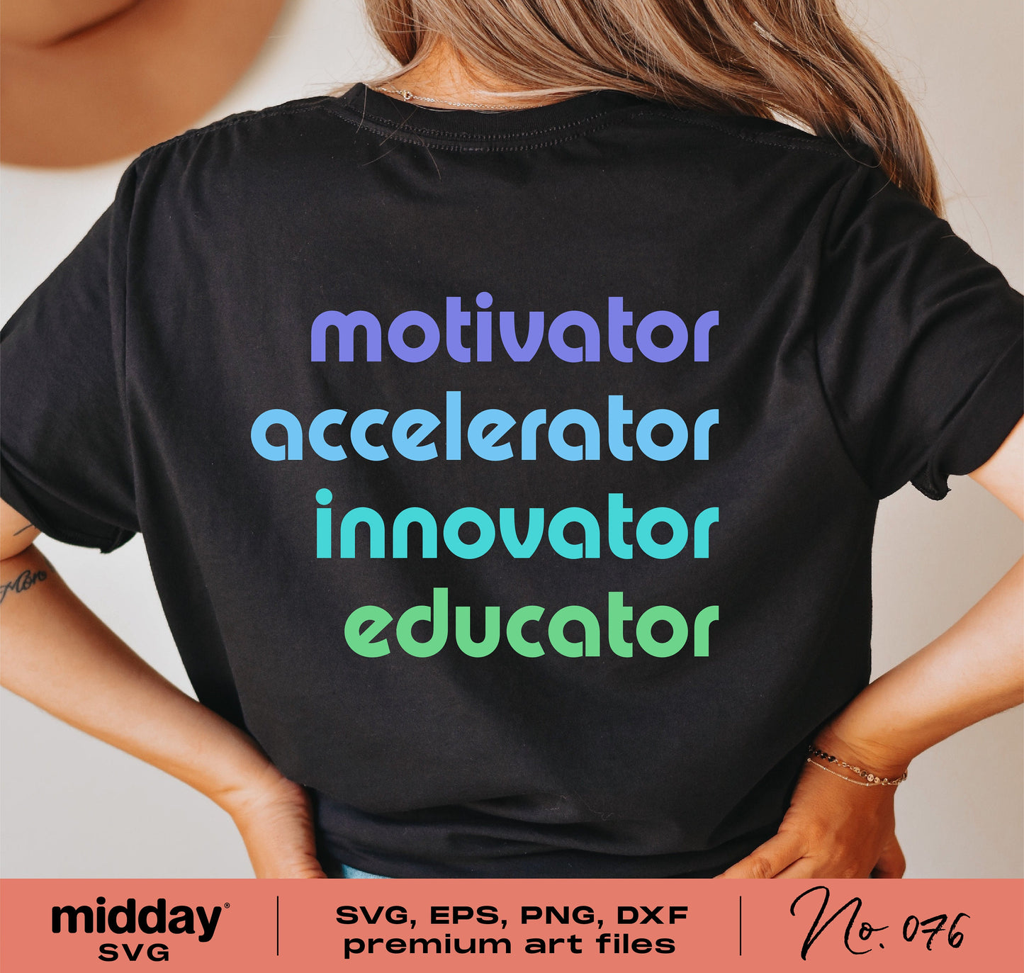 Black t-shirt with colorful text reading 'motivator', 'accelerator', 'innovator', 'educator'. Perfect for teacher appreciation gifts.