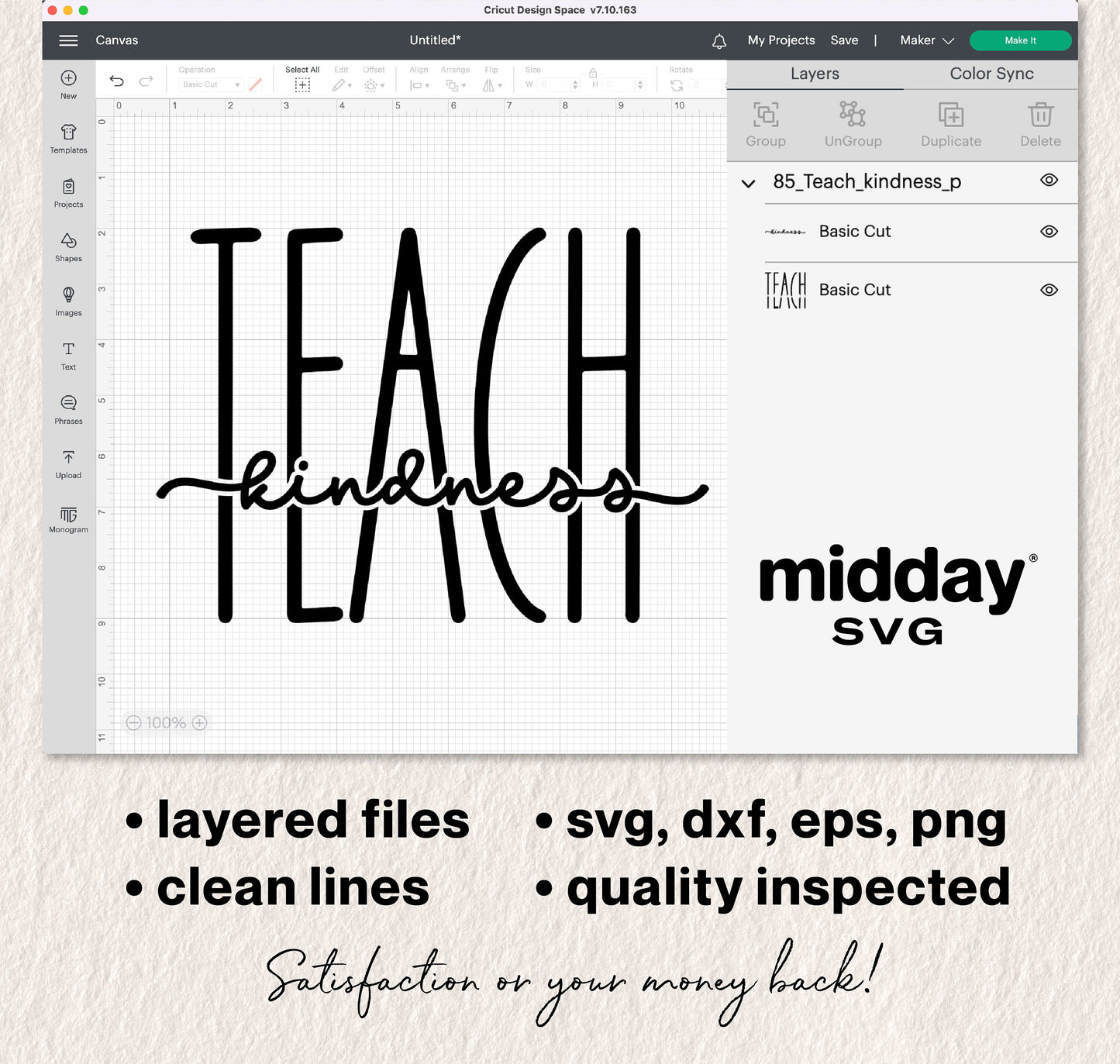 Teach Kindness SVG design on Cricut interface, available in SVG, DXF, EPS, PNG formats for teachers, perfect for crafting projects.