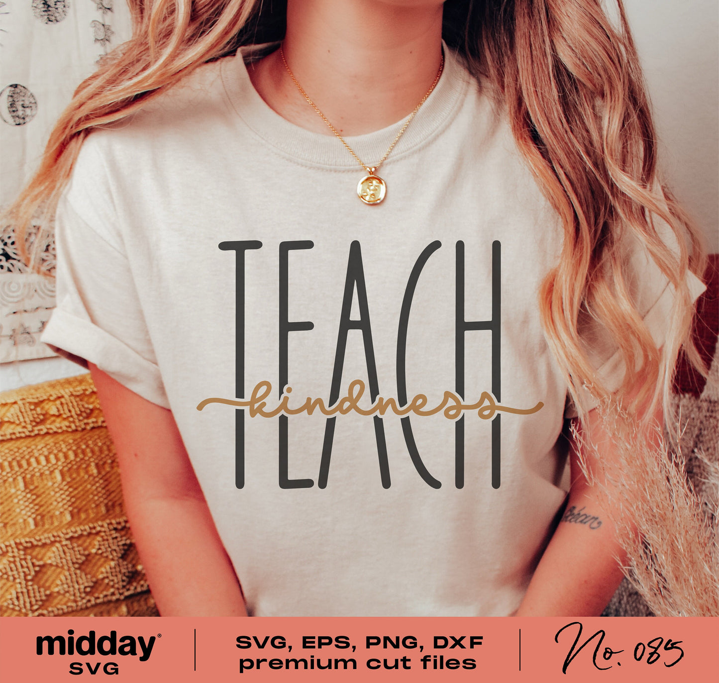 Woman wearing a beige t-shirt with 'Teach Kindness' text, ideal for teacher gifts and back to school designs, includes SVG and cut files.